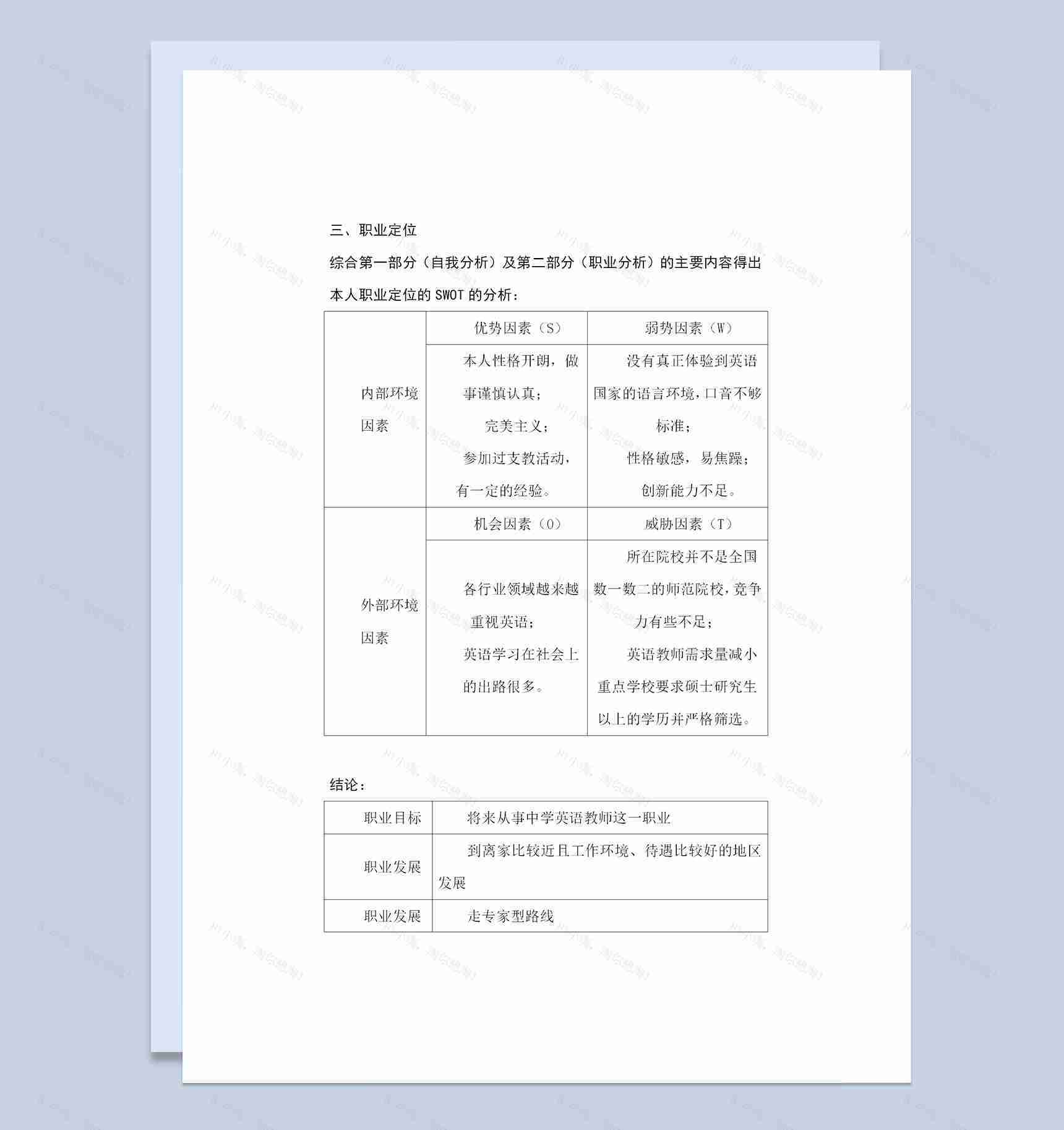 英语师范生通用个人职业生涯规划书Word模板-1