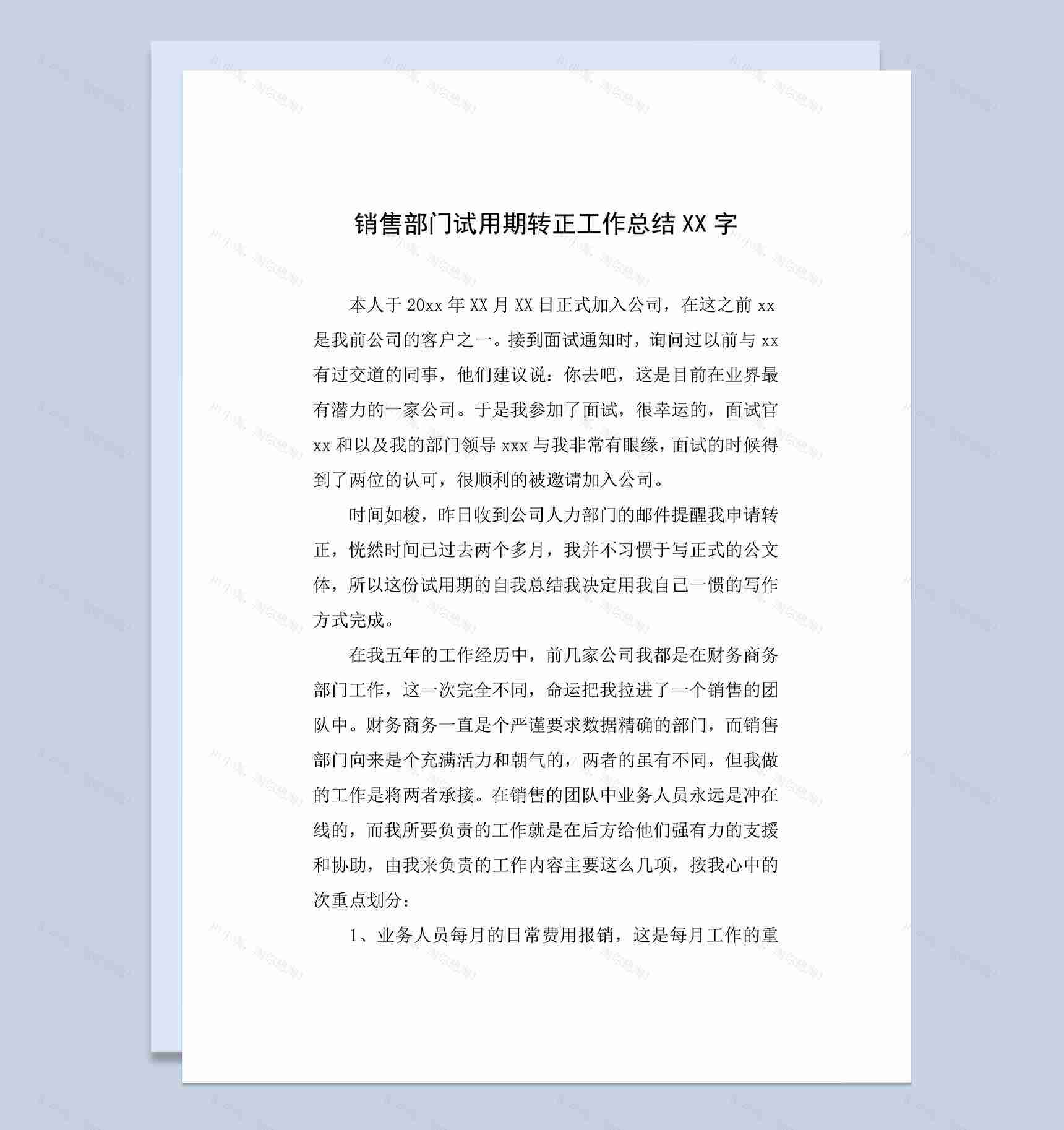销售部门试用期转正个人年终工作总结Word模板-1