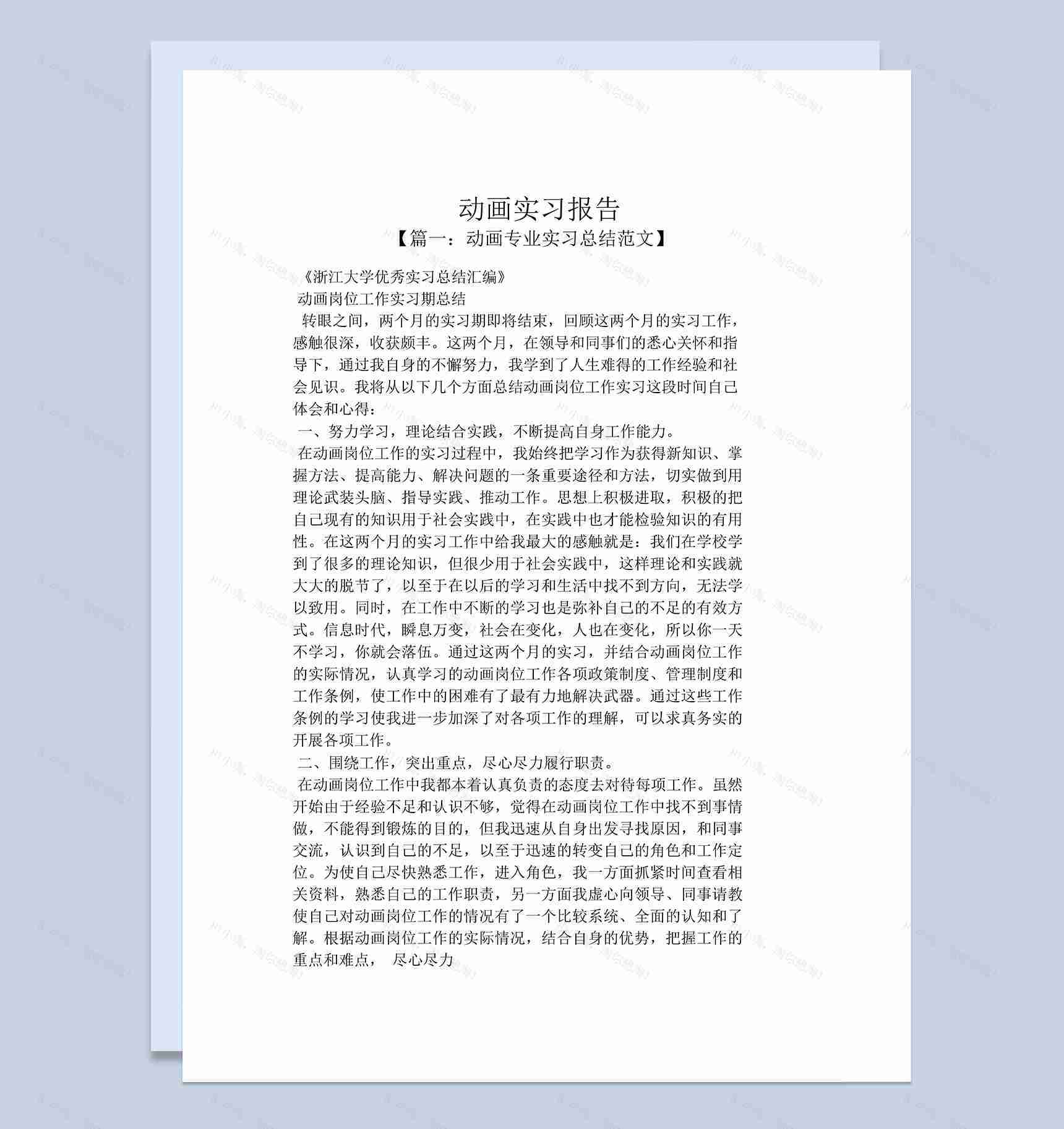 简洁风格大学动画专业实习总结报告范本Word模板-1