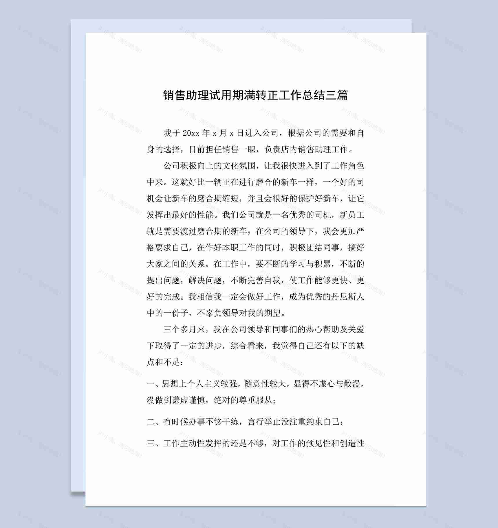 标准通用销售助理试用期满转正年终工作总结Word模板-1