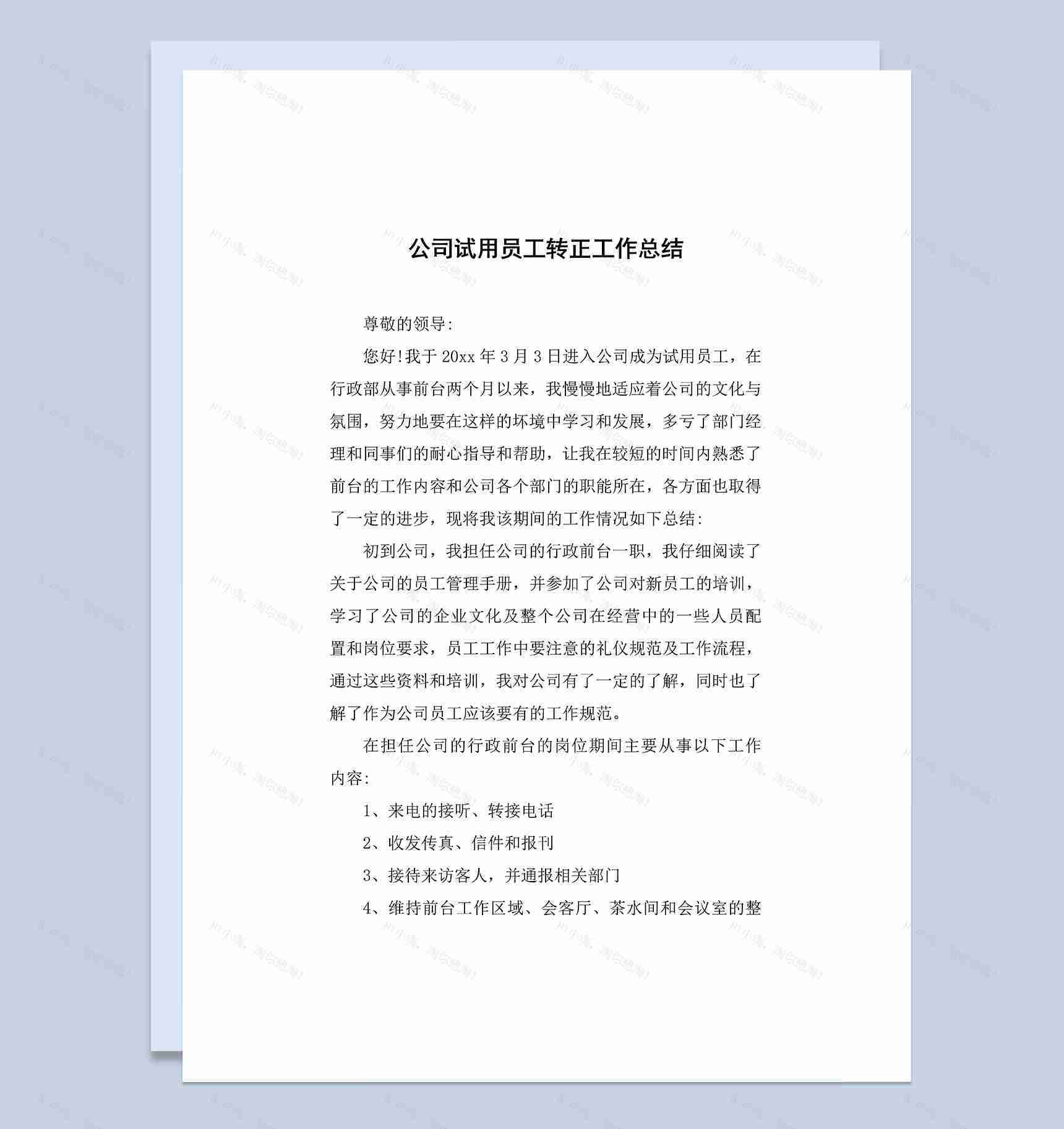 公司试用员工转正通用工作总结精选范本Word模板-1