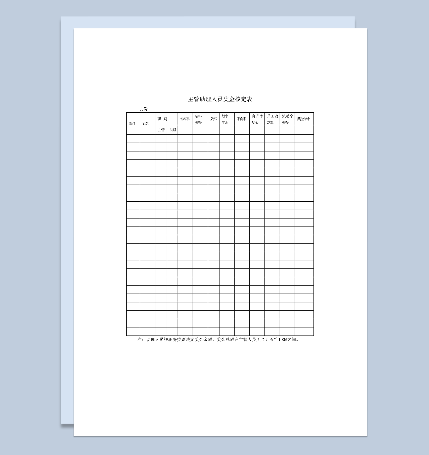 公司主管助理奖金核定合计汇总统计表wordl模板