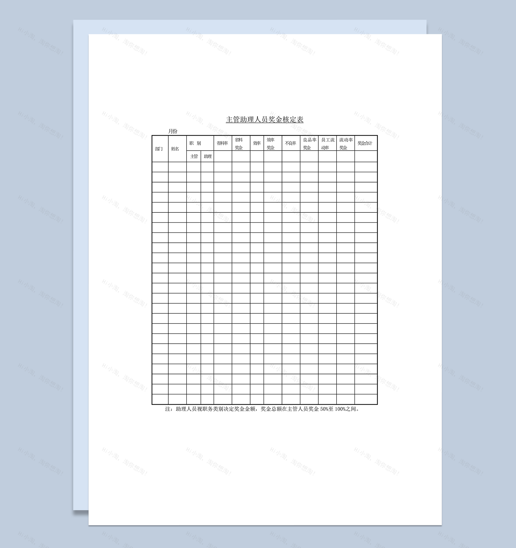 公司主管助理奖金核定合计汇总统计表wordl模板-1