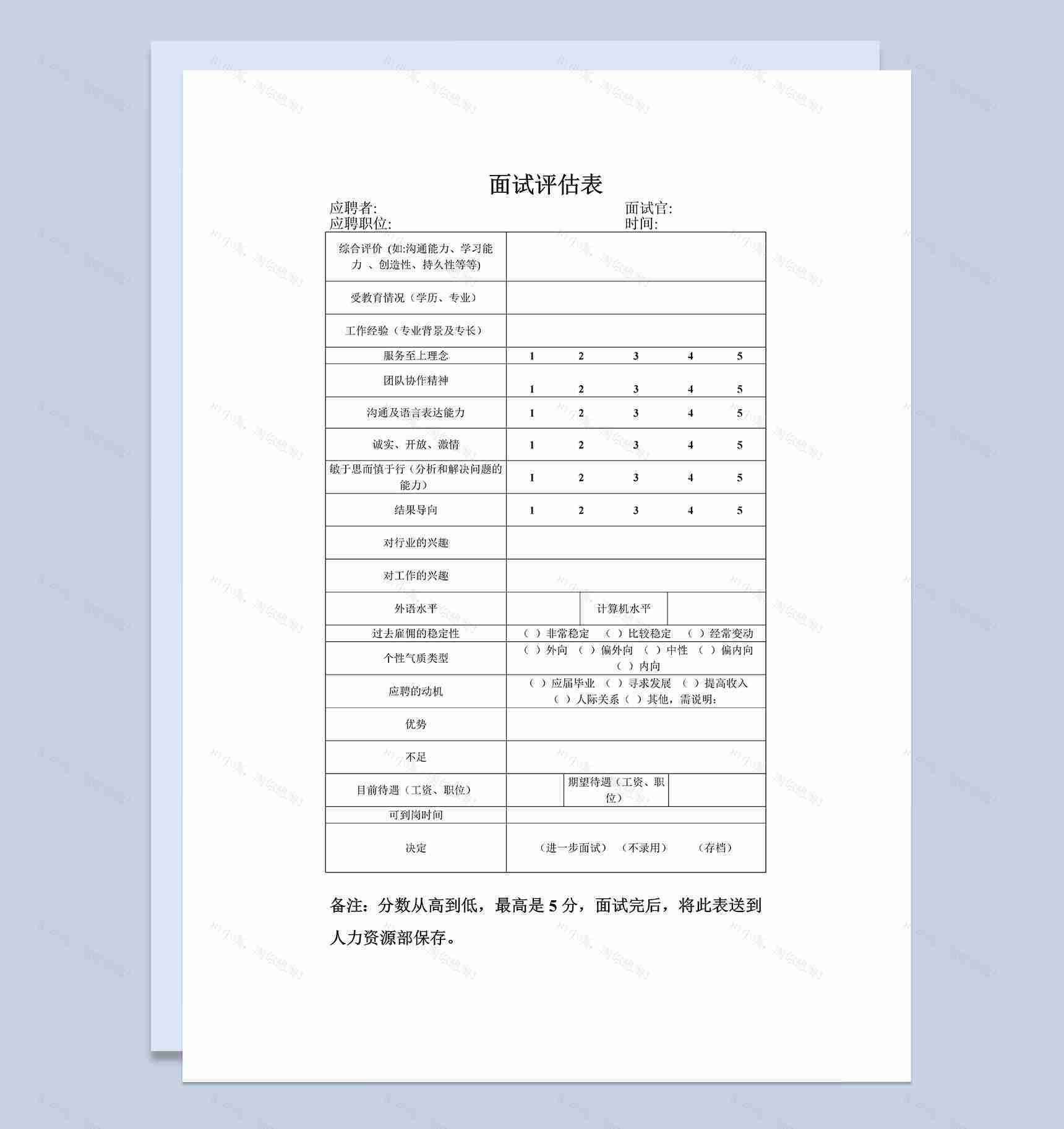 企业公司基层人员面试评估表Word模板-1