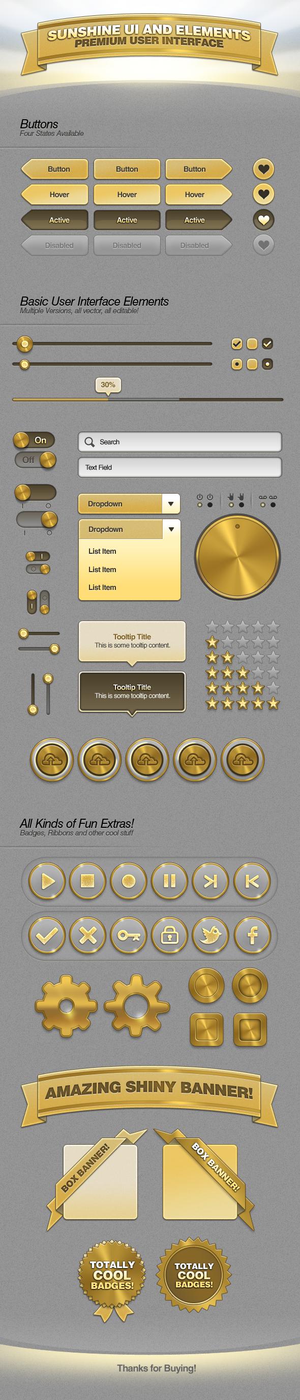 金黄色的网页ui界面设计元素PSD分层素材下载