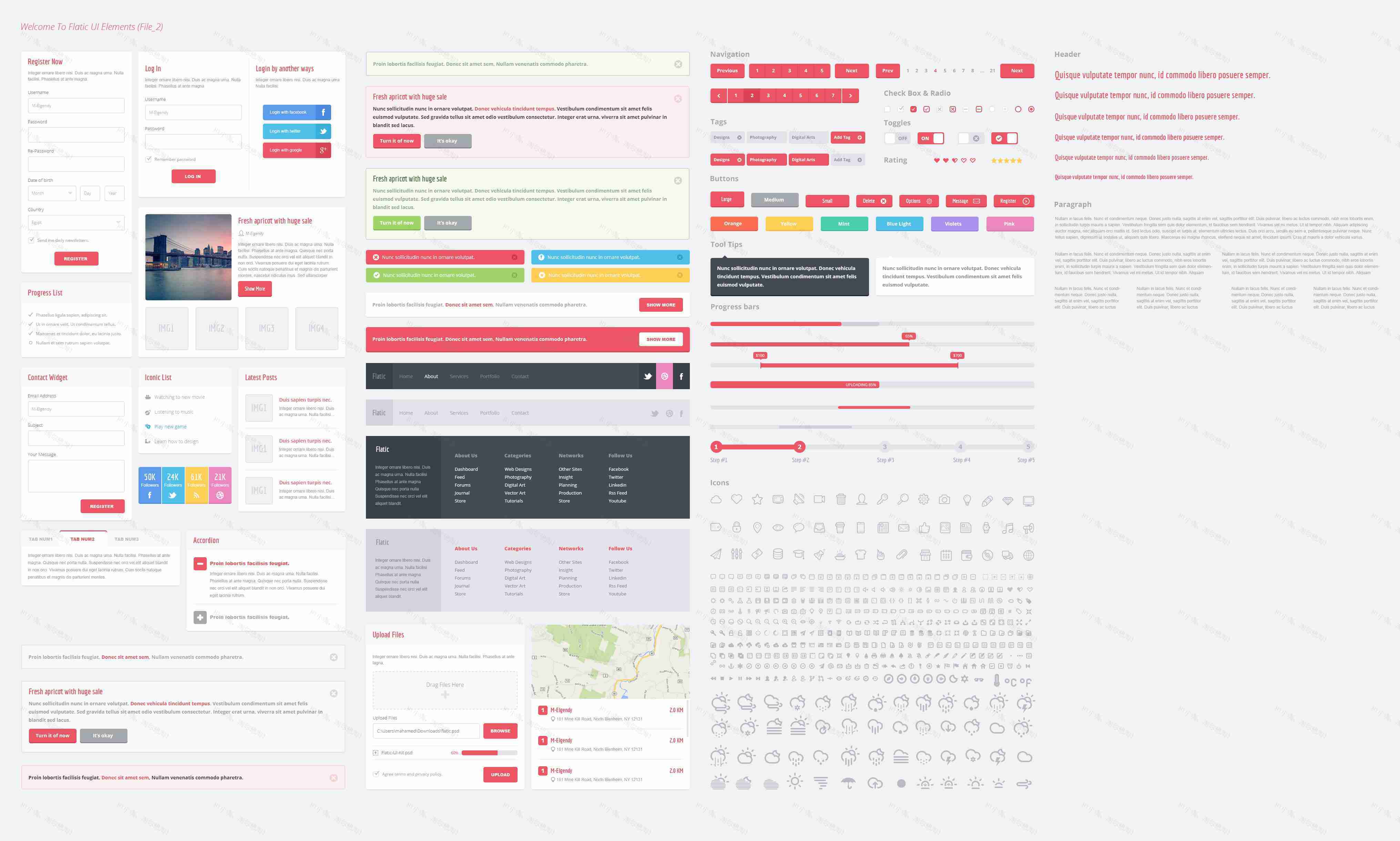 红色小清新的扁平化风格表单ui界面设计元素psd下载