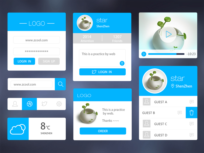 蓝色圆角的手机app应用软件ui界面设计psd素材下载