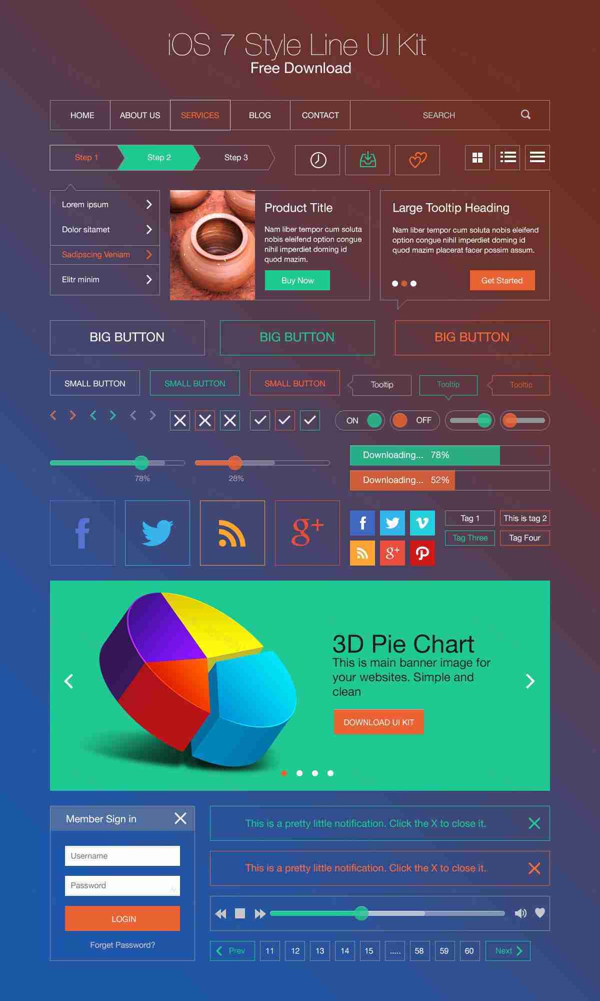扁平ios7风格的线条ui界面设计元素psd下载