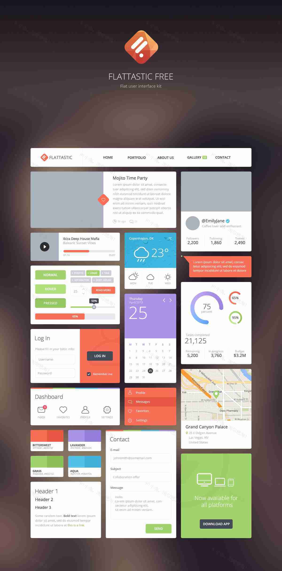 简洁的扁平化网页模板UI界面素材psd下载