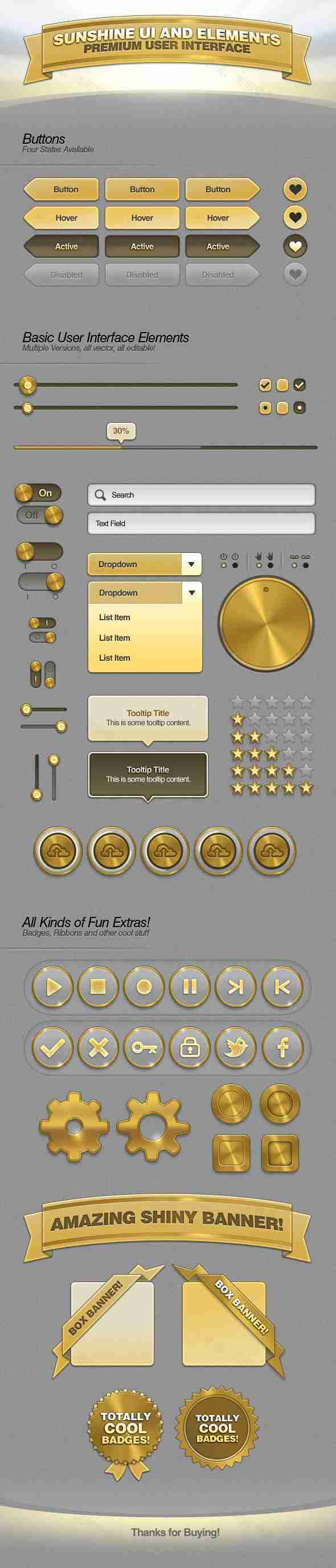 金黄色的网页ui界面设计元素PSD分层素材下载