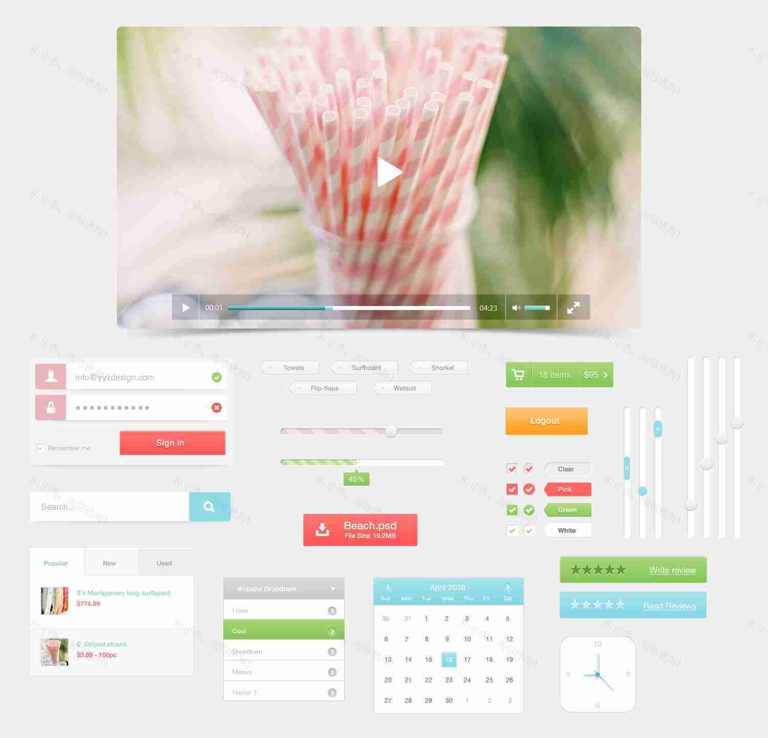 清新风格的视频网站类UI界面设计元素psd下载