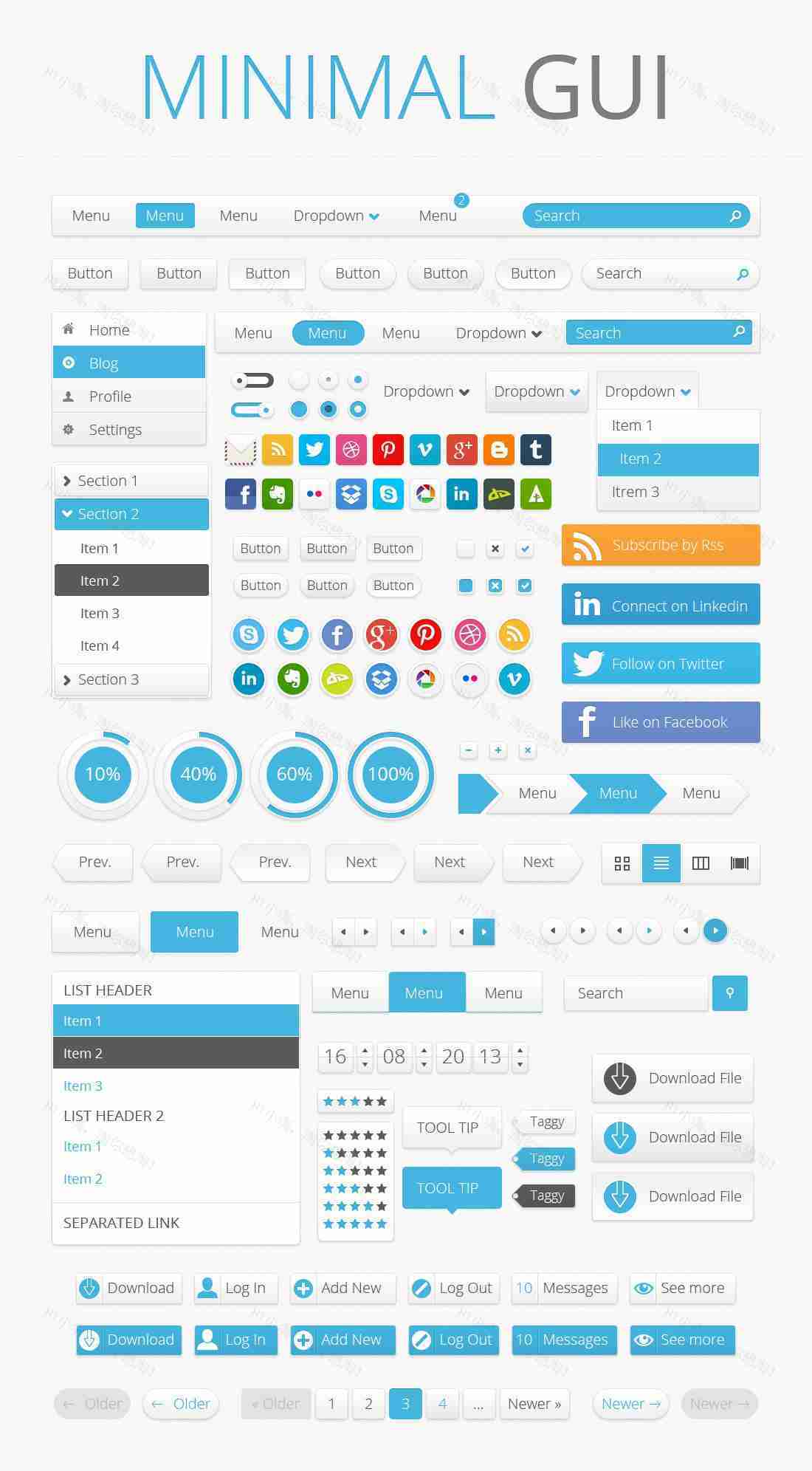 灰白蓝色调的网页ui界面设计元素psd分层下载