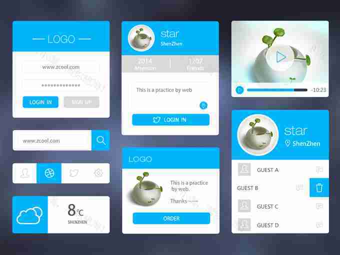 蓝色圆角的手机app应用软件ui界面设计psd素材下载