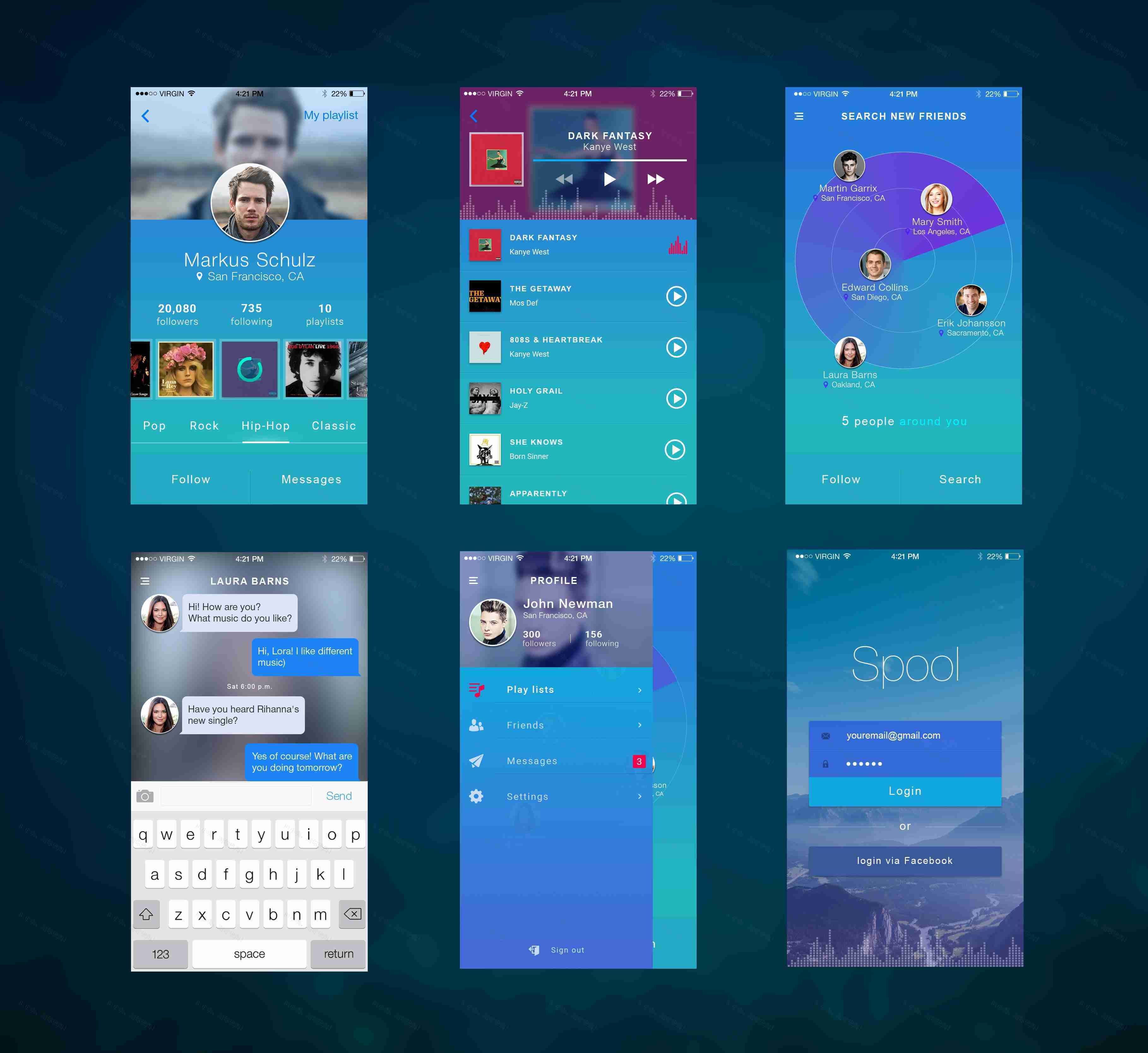 扁平化的音乐社交app界面设计模板