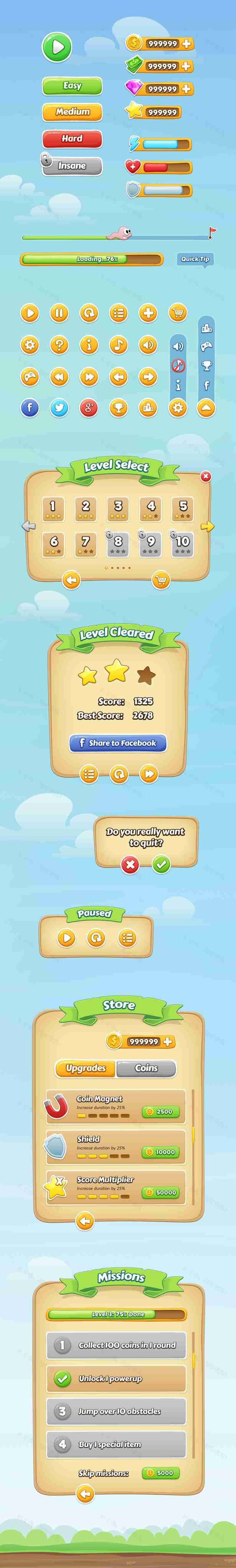 卡通手机app游戏界面设计素材PSD