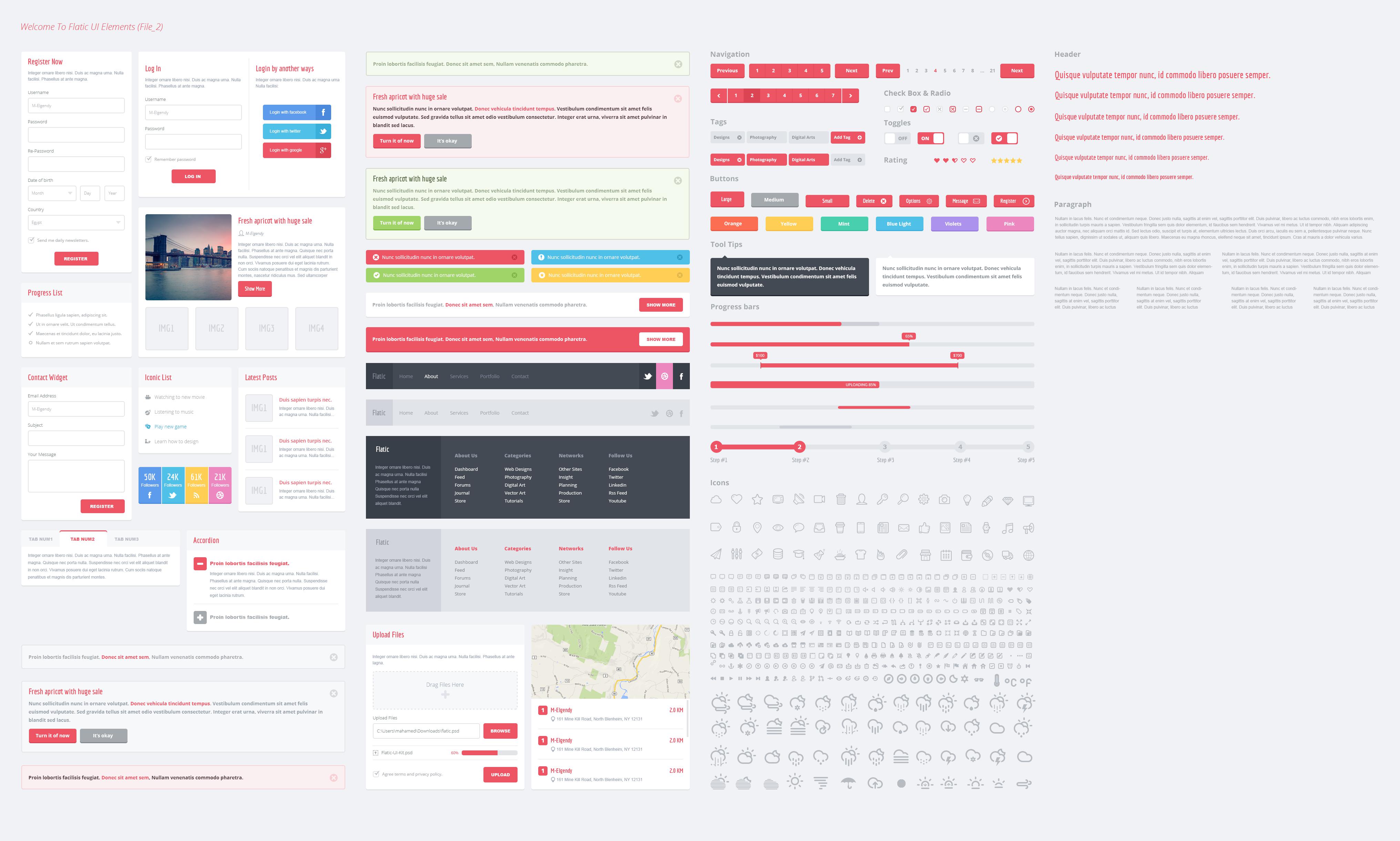 红色小清新的扁平化风格表单ui界面设计元素psd下载